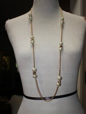 J Crew Pearl & Crystal Gold Necklace  Opera Length Extra Long or Double Up